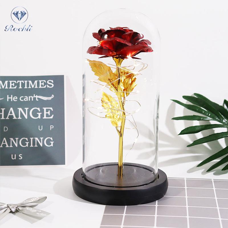 Gold Foil Rose Eternal Flower Glass Cover Gift for Valentine's Day, Christmas, New Year