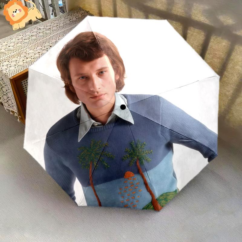 1pc Johnny Hallyday Pattern Umbrella Portable Folding Umbrella Iron Frame Hole Bone Structure Outdoor Home Umbrella