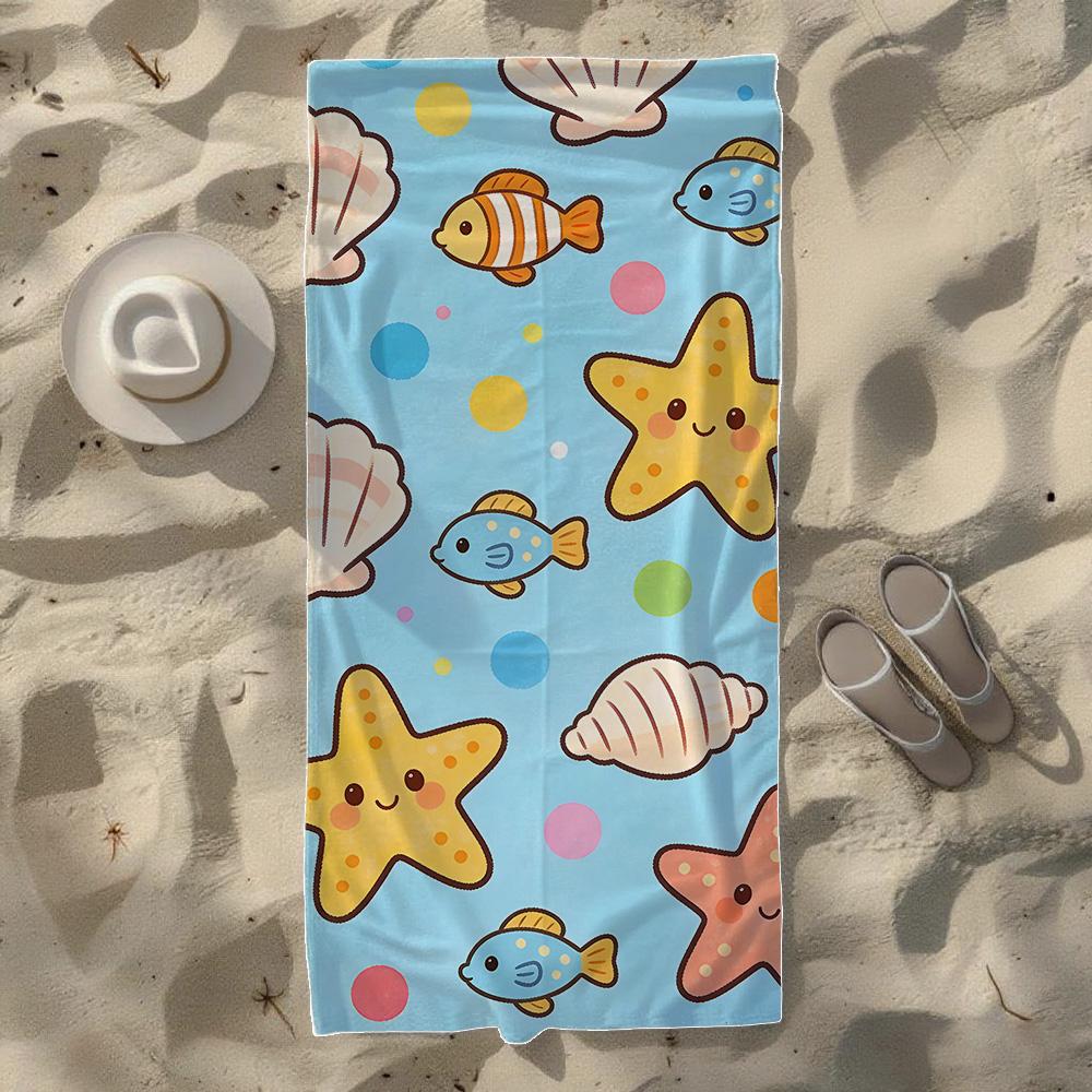 Cute Cartoon Starfish & Seashell Pattern Beach Towel, Soft Durable Quick-Drying, Ideal For Summer Beach, Swimming & Camping