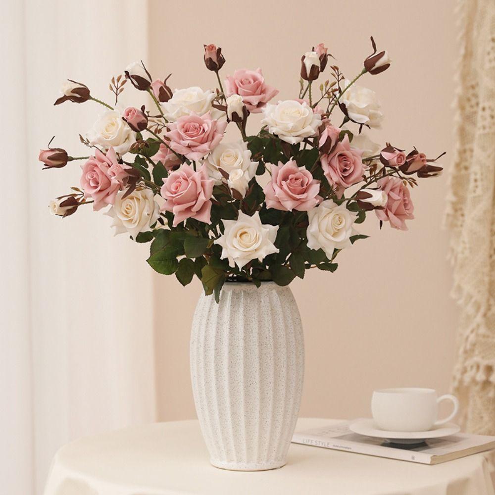3 Head Simulation Rose Flower Luxury Fake Flowers Artificial Rose Branch  Outdoor Garden Decor