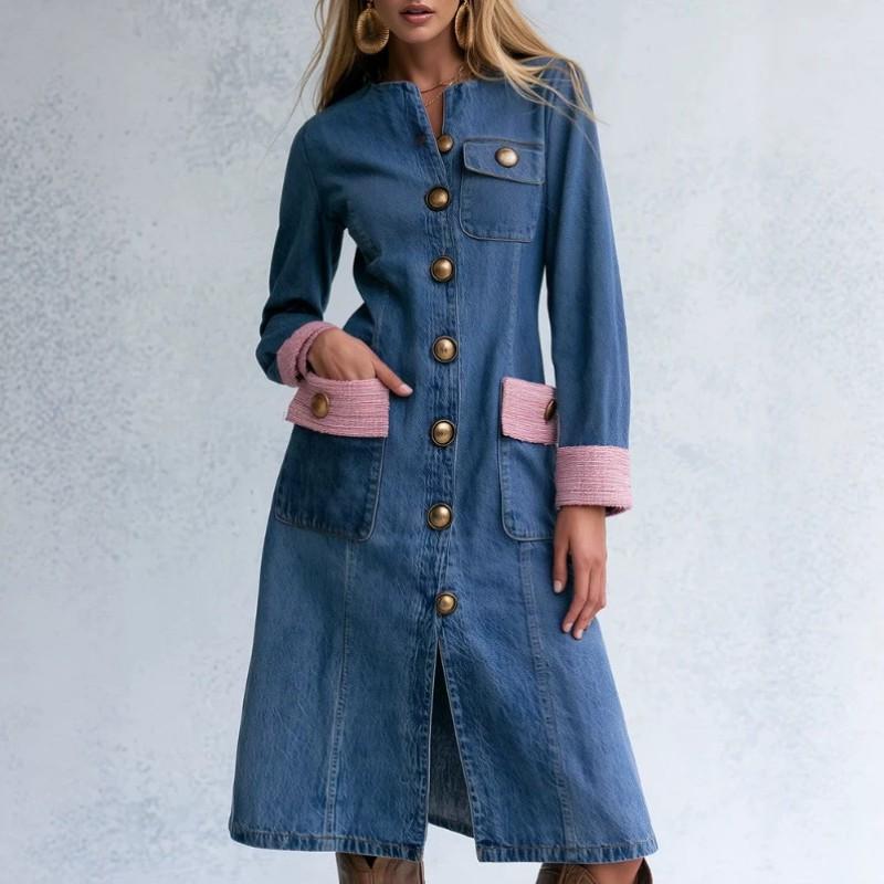 Elegant Vintage Tweed Trim Gold Button Split Denim Midi Dress