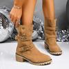 Fashion Punk Metal Decoration Suede Ankle Boots Women 2025 Autumn Vintage Medium Heel Western Cowboy Boots Non Slip Woman's Shoes Size42