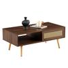 Wicker Coffee Table, Tea Table with Sliding Doors, Solid Wood Legs, Modern Living Room Table, Dark Walnut Wood-H40/W1050/D55 cm