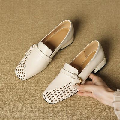 Fashion New Spring/Summer Genuine Leather Women Pumps Shoes for Women Fashion Hollow Out Square Toe Loafers Shoes Women Low Heels Ladies