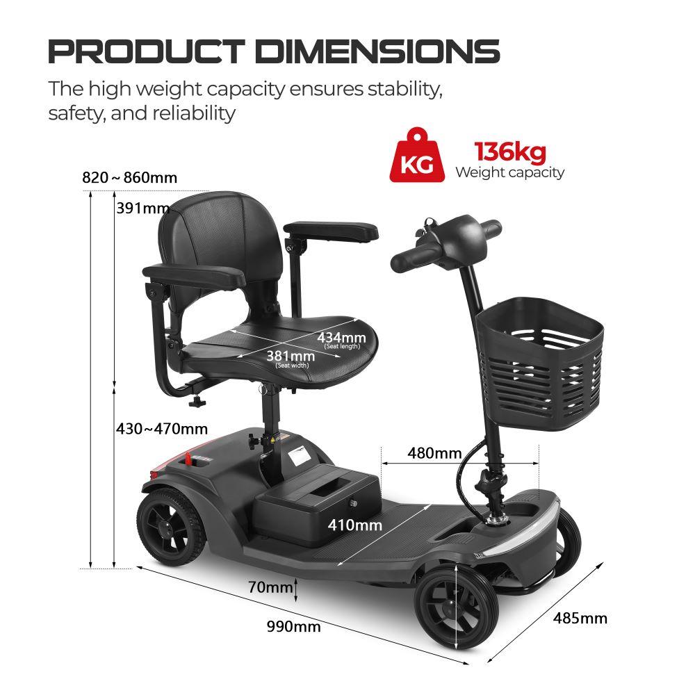 Sweetrich S2 electric mobility scooter, 250W motor, 24V 12Ah battery, electric scooter for seniors, 6KM/H MAX, 15KM range, weight capacity 136KG.