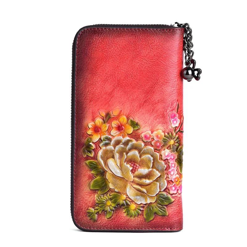 Vintage Ladies Wallet Genuine Leather Clutch Bag Retro 3D Embossed Floral Purse Woman   Handmade Real Cow Leather Wallet