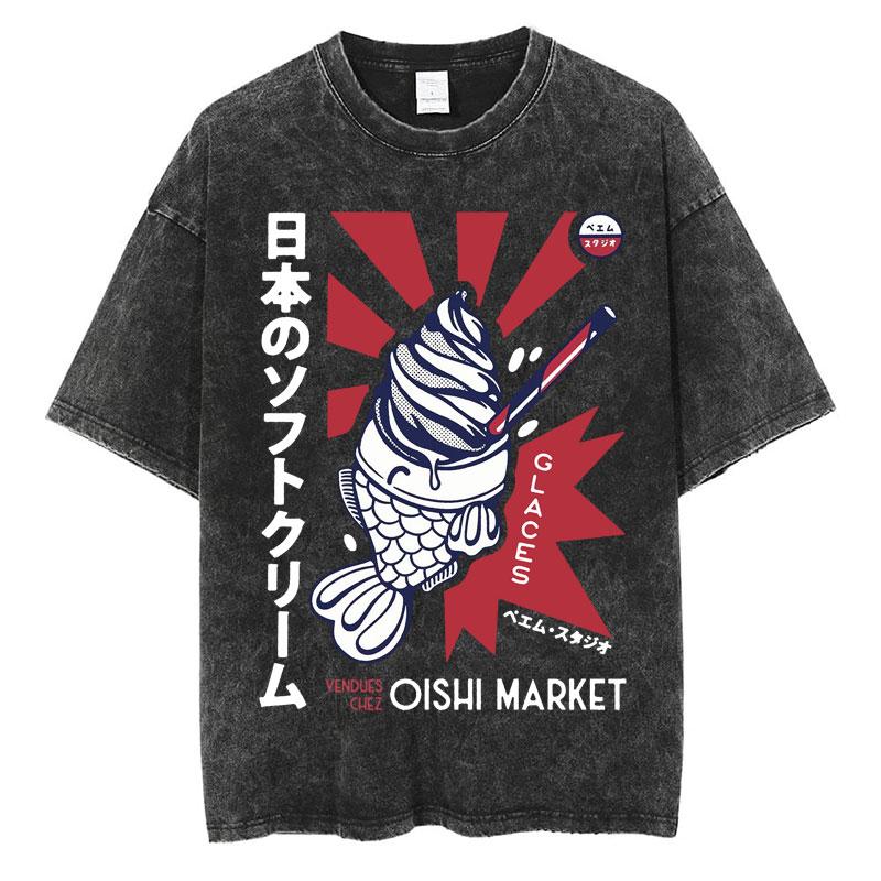 Japanese Tokyo Tokyo Culture Print Washed T Shirt Funny Fashion Vintage Men Women Tshirts Cotton Casual Loose Tees Streetwear