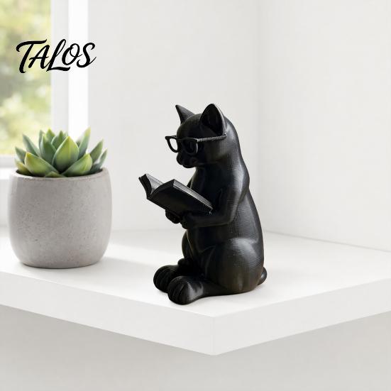 Décoration Chat de Bureau Figurine de Lecture Imprimée en 3D, Ornement Décoratif avec Base Lestée Antidérapante, Pièce d'Art Paresseuse Statue Intellectuelle Œil