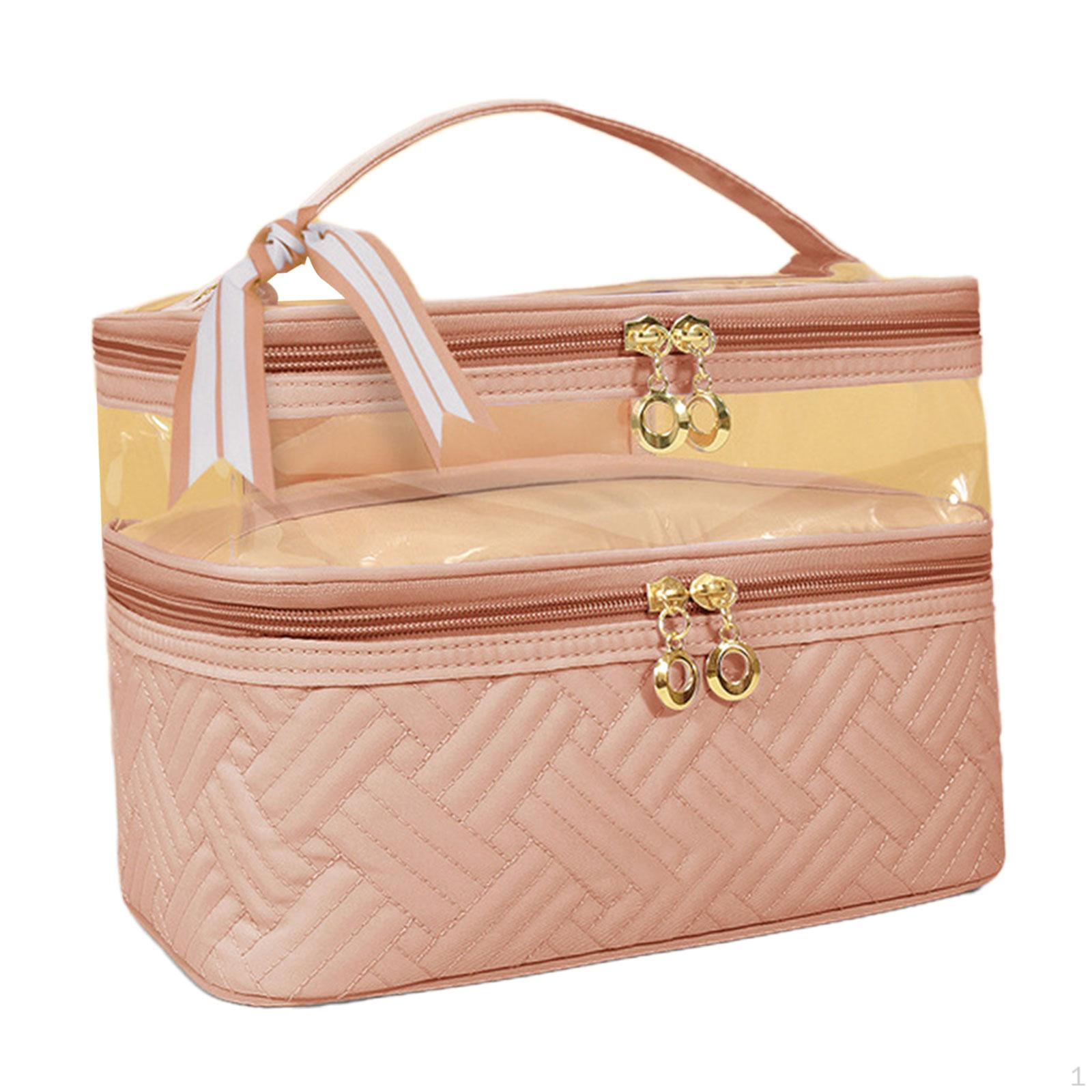 

Double Layer Makeup Bag for Women Waterproof Organizer Toiletry Bags Cosmetic Case Lotion рожевий