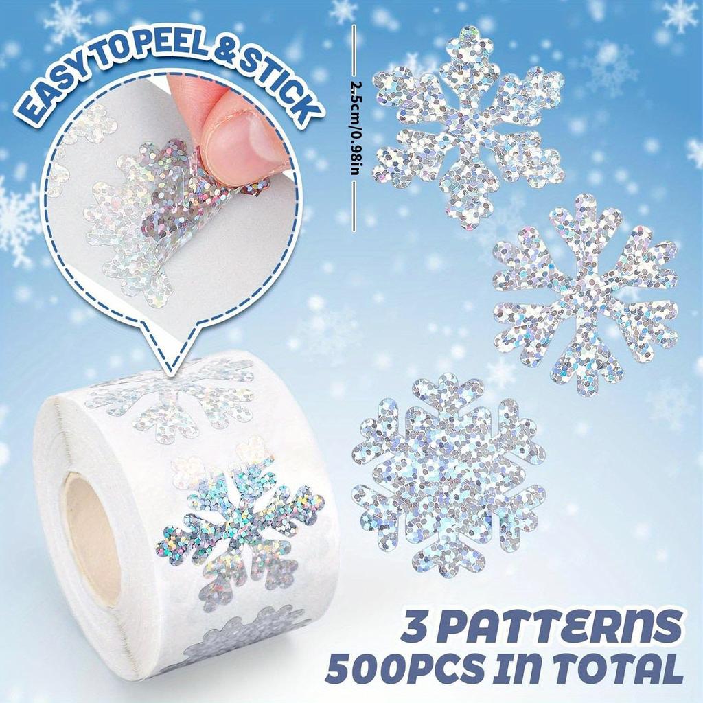 500pcs Winter Snowflake Sticker Roll, Laser Silvery Sealed Waterproof Self-Adhesive Christmas Stickers - Christma Gift Tags