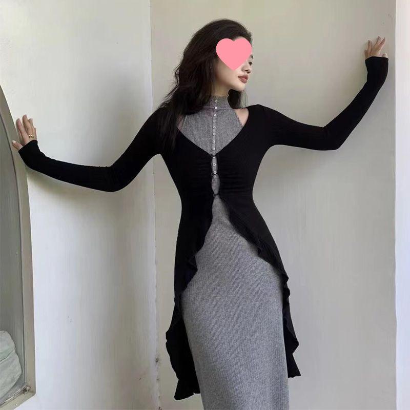 Gray Women's Autumn Two-Piece Set: High-End Cardigan and Bodycon Skirt, Elegant Lightly Mature Style