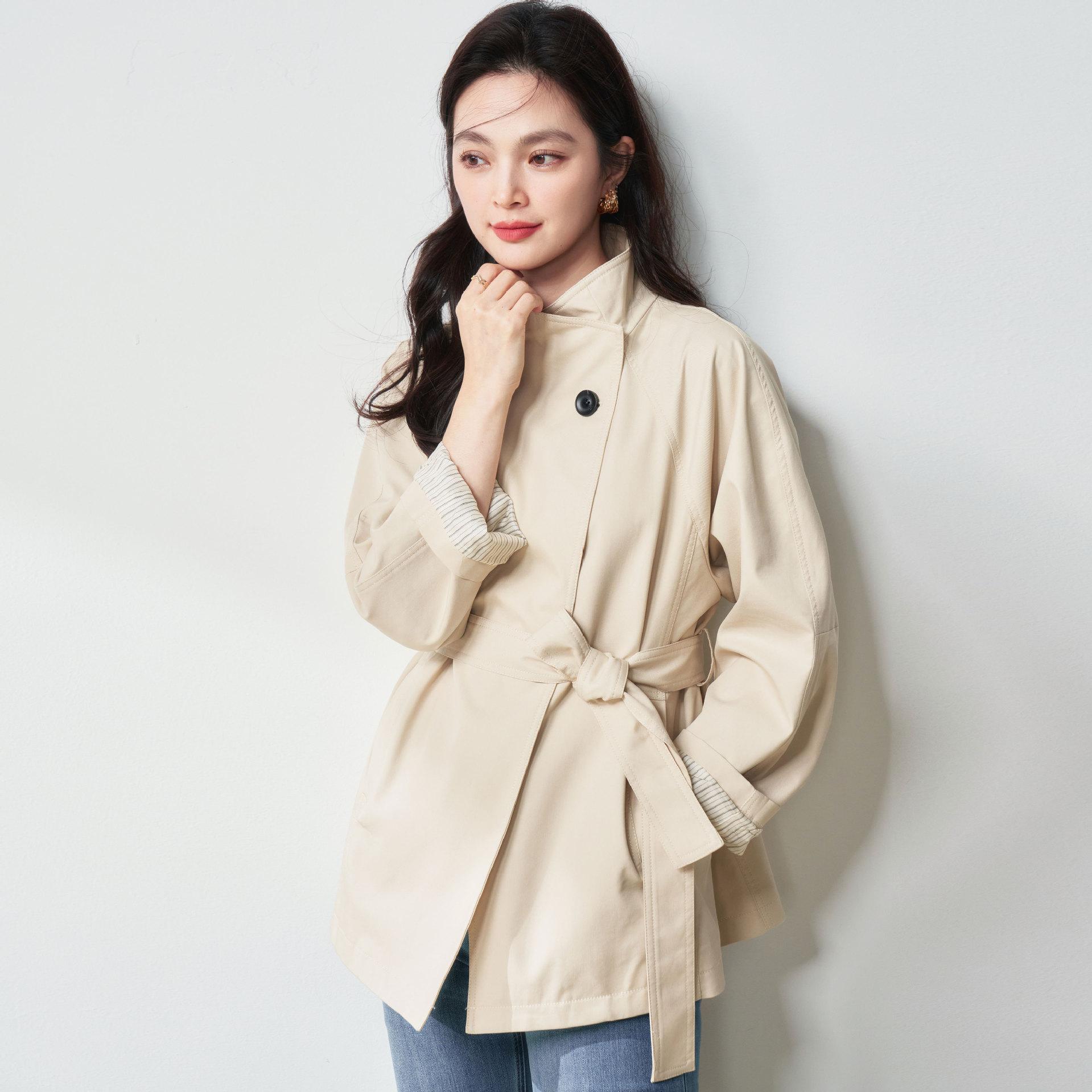 

Autumn simple ROW style stand-up collar trench coat with one button casual and versatile design jacket 073 S бежевий