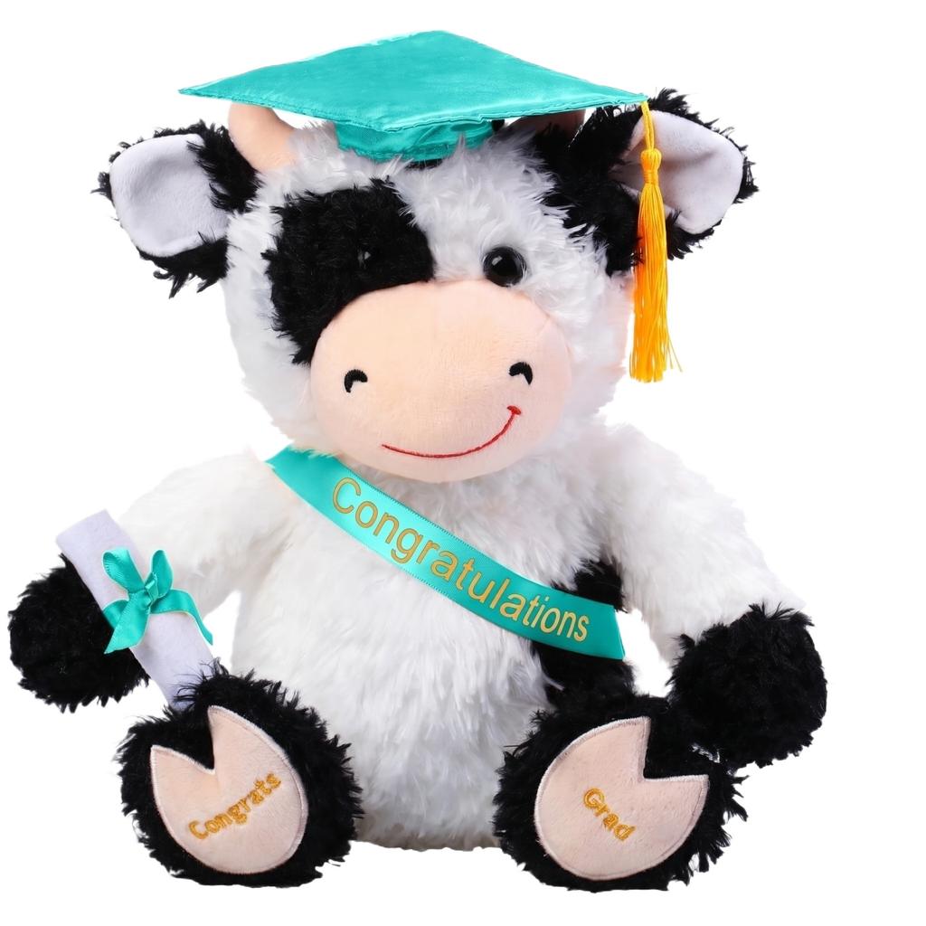 Plush Graduation Cow Toy Soft Stuffed Animal with Graduation Cap and Sash Holding Diploma for Graduation Celebration Gift