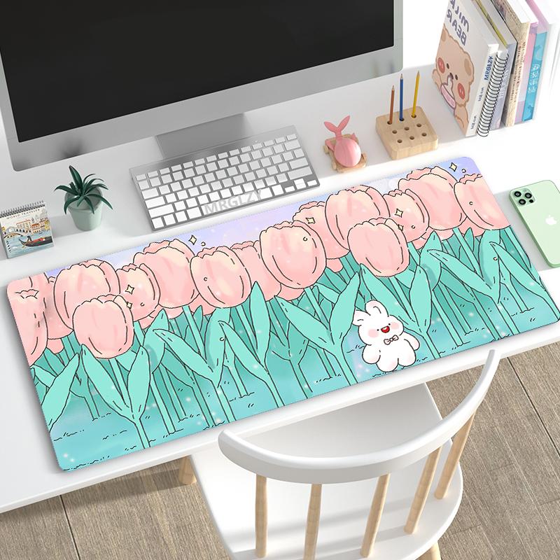Cute Pink Tulips Mouse Pad Desk Mats Kawaii Large Office Keyboard MouseMat Purple Rugs Mousepad Cartoon Girly Gamer for Laptop