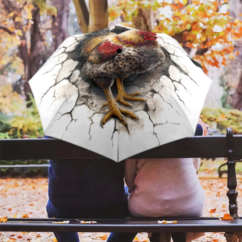 Rooster pattern, automatic folding umbrella, portable and foldable design, 8 ribs, a Christmas or birthday gift.