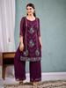 Women Wine Embroidered Kurta Palazzo Set with Dupatta Ethnic Party Wear Indian Suit
