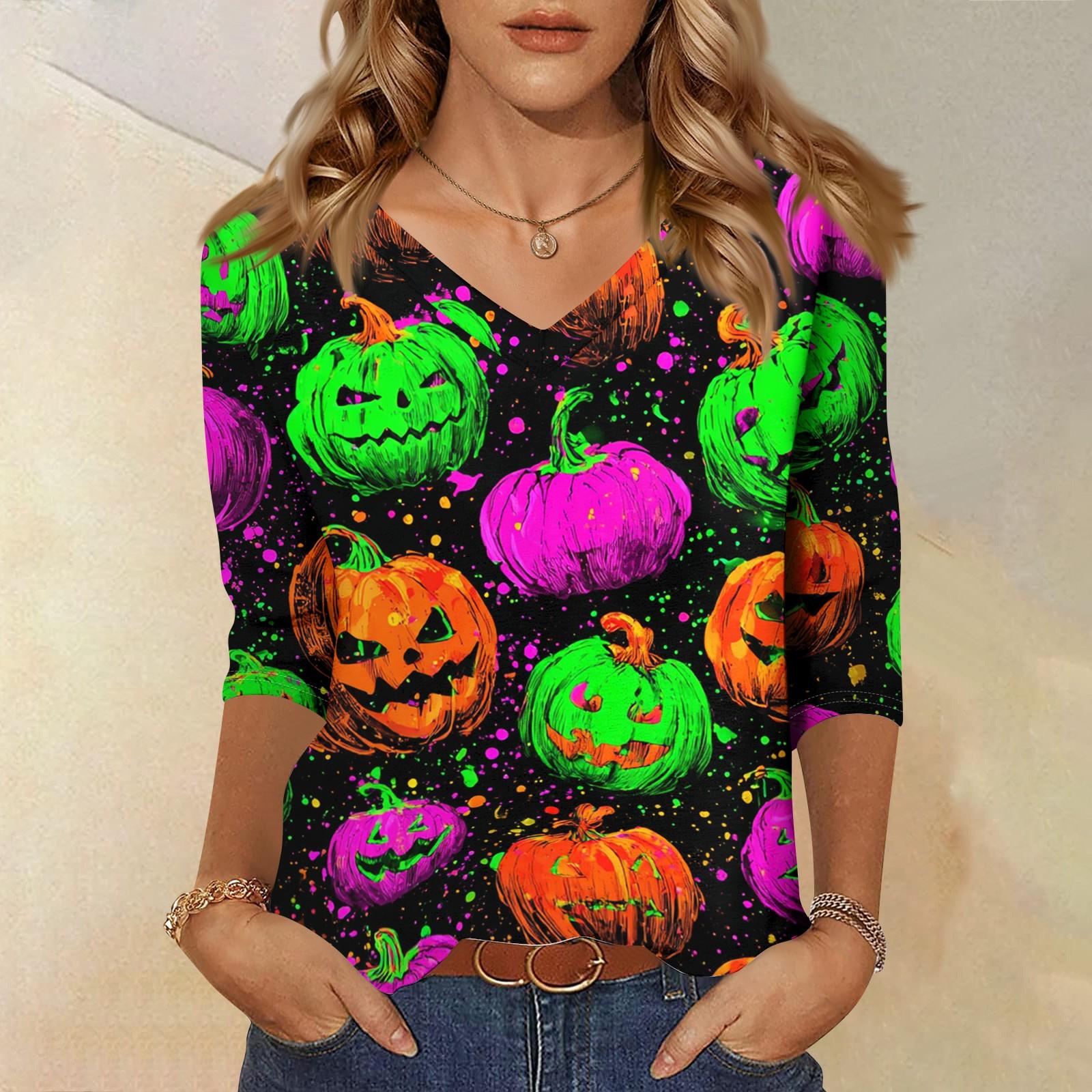Women s Casual V-Neck Three-Quarter Sleeve Halloween Print Top M
