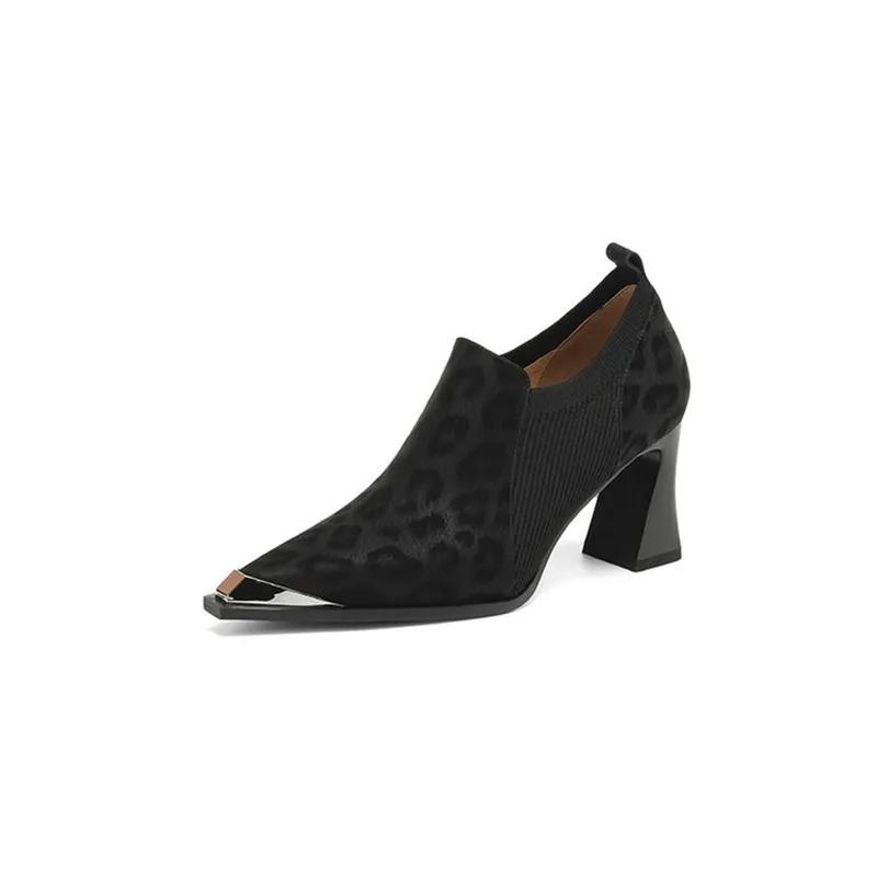 Fashion New Spring Genuine Leather Shoes for Women Fashion Pointed Toe Leopard Print Women Pumps Shoes Chunky Heels Loafers High Heels