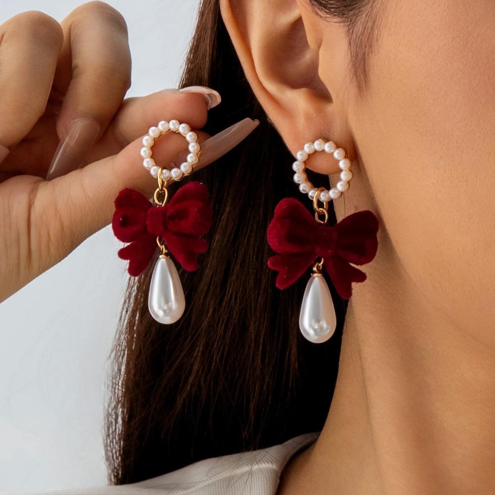 Bowknot Wine Red Bow Drop Earrings Pearl New Year Earrings Elegant Red Velvet Bow Earrings Girl
