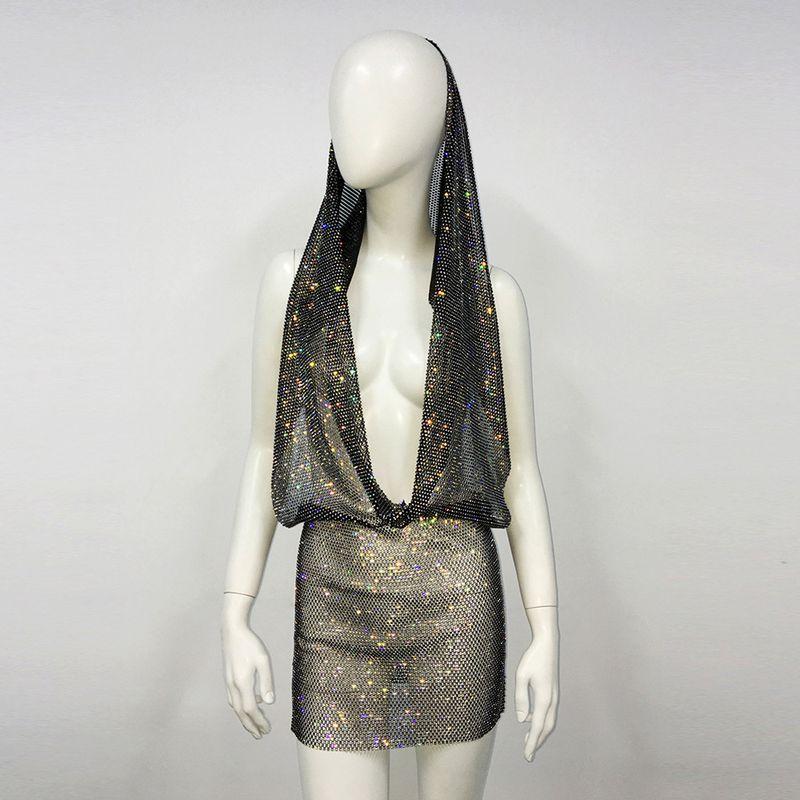 

Nice Outfit Beautiful Outfit Fashion European and American Women s Clothing Mesh Rhinestone Deep V Dress Sexy Sexy Hip Skirt Black All yards