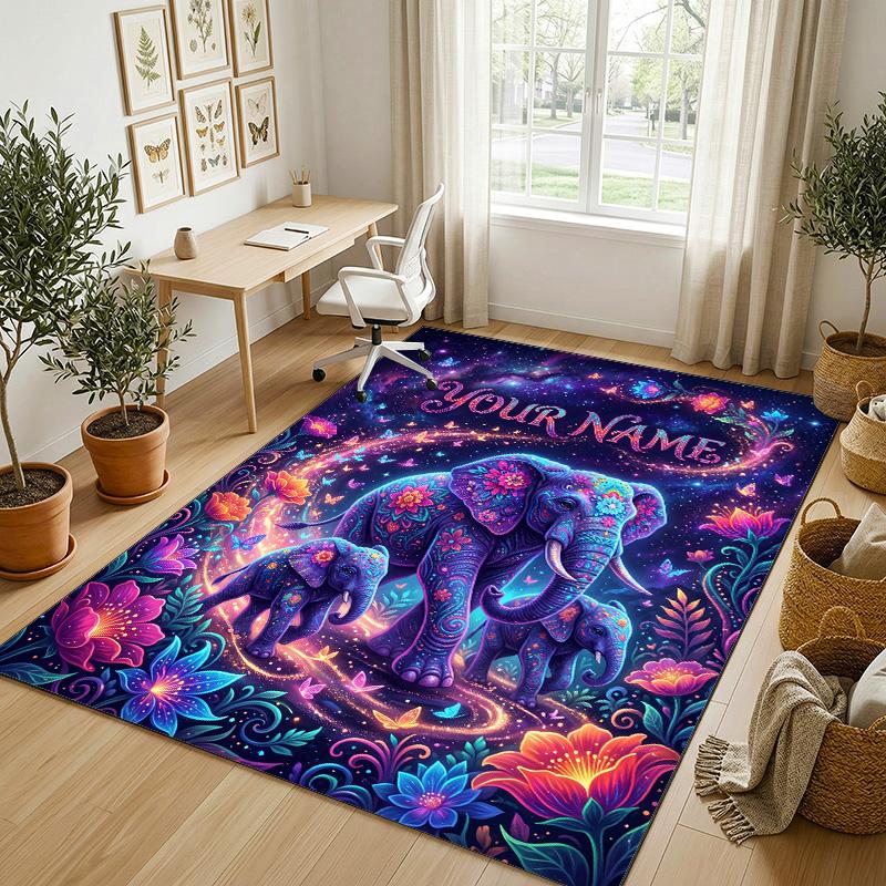 Elephant Theme Crystal Velvet Rug Personalized Custom Name Text Soft Floor Mat Home Decor