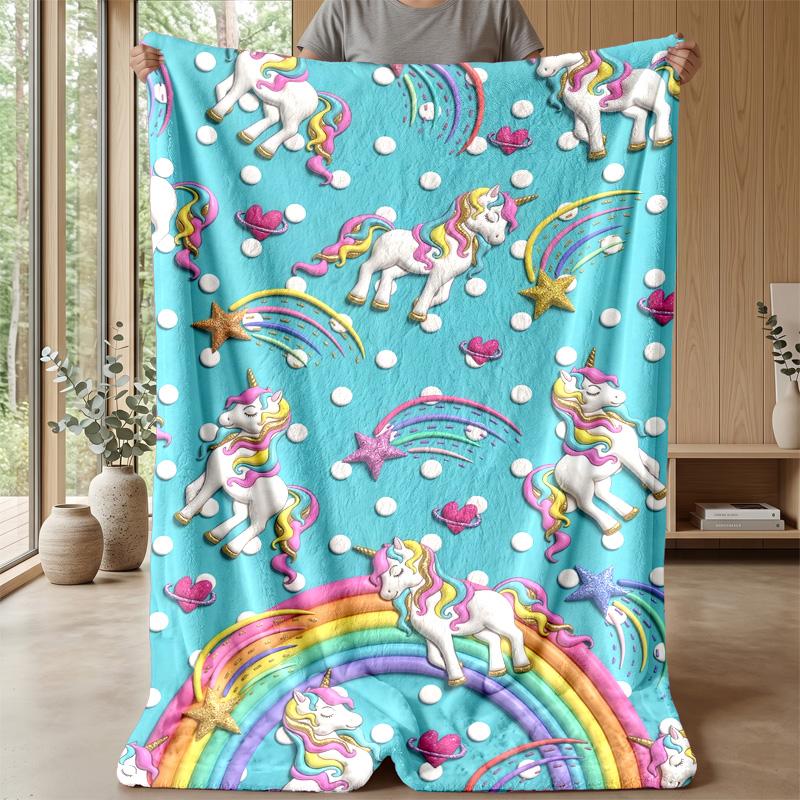 Unicorn Rainbow Stars Theme Blanket Lightweight Warm Flannel Blanket Decorative Throw Blanket for Home Decoration