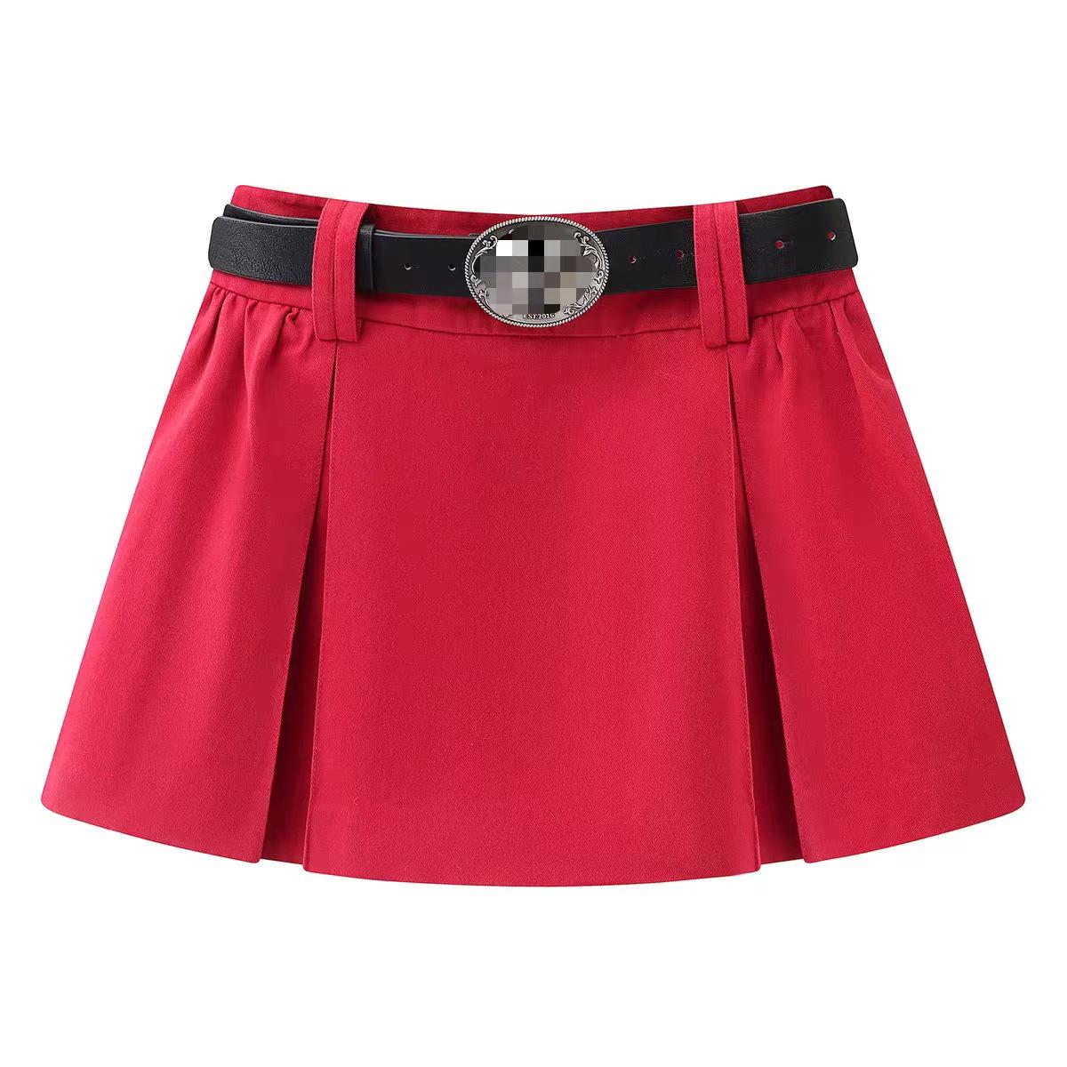 In Stock: 2026 Spring Red Pleated Short Skirt with Belt, Elegant & Sweet Style (RK11501153) Large красный