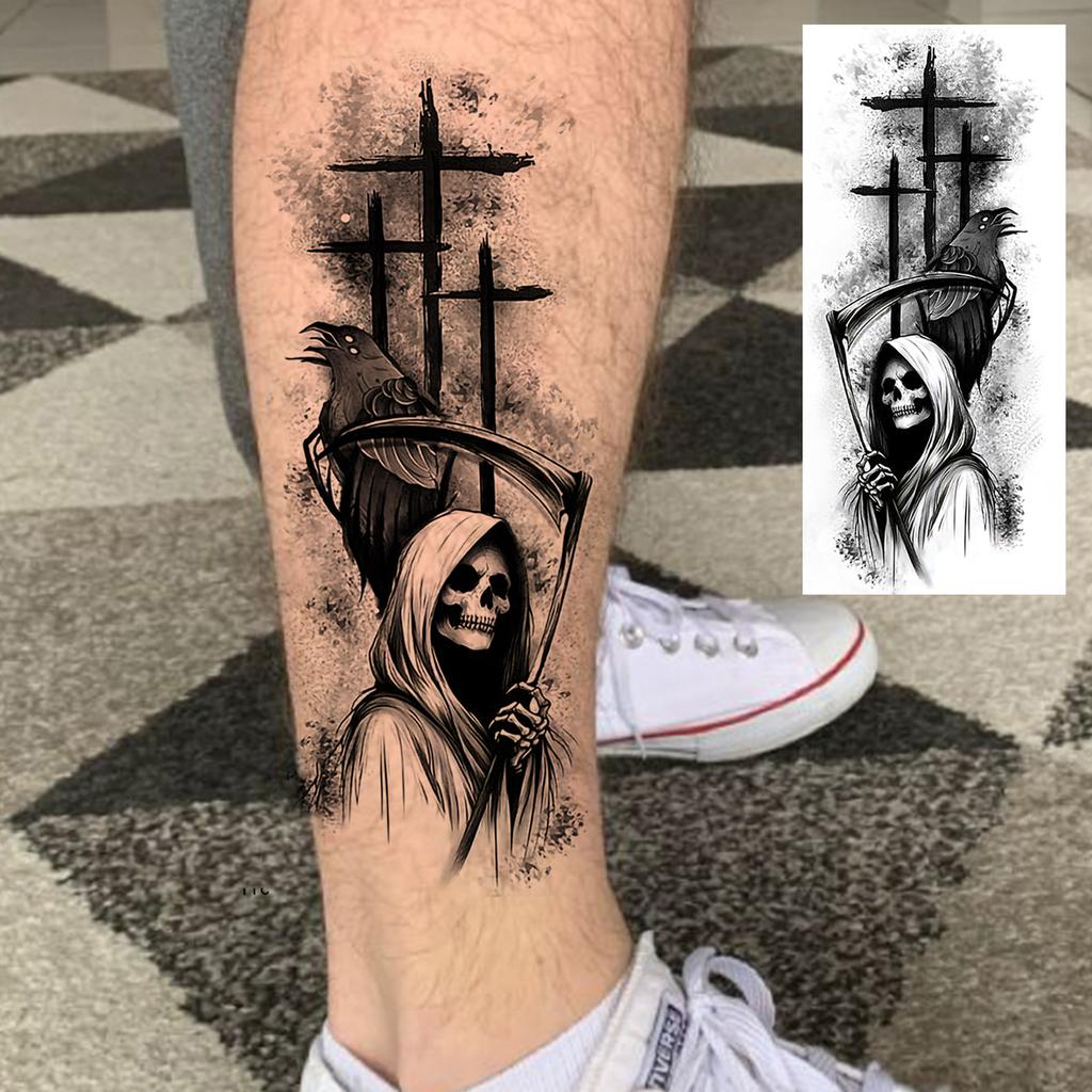 1 Sheet Scary Skull Grim Reaper Temporary Tattoos For Men Women Hand Arm Forearm, Realistic Fake Tattoo Sticker Halloween Tatoos