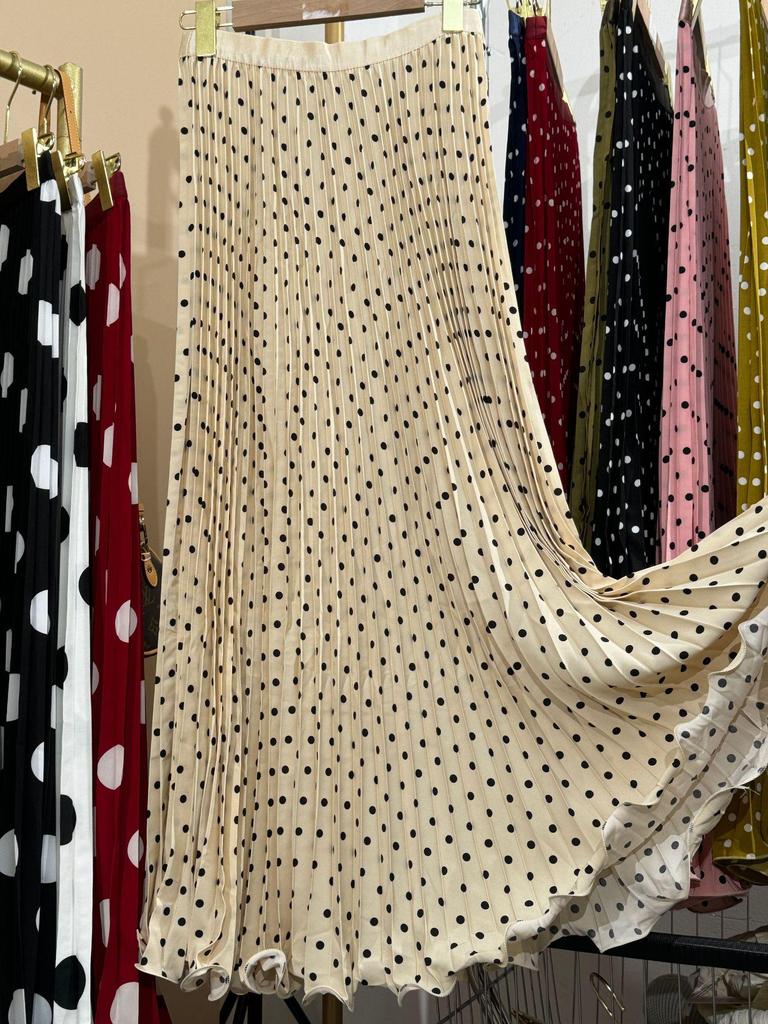 Multicolor Korean Style Chiffon High Waist Pleated Polka Dot Midi Skirt