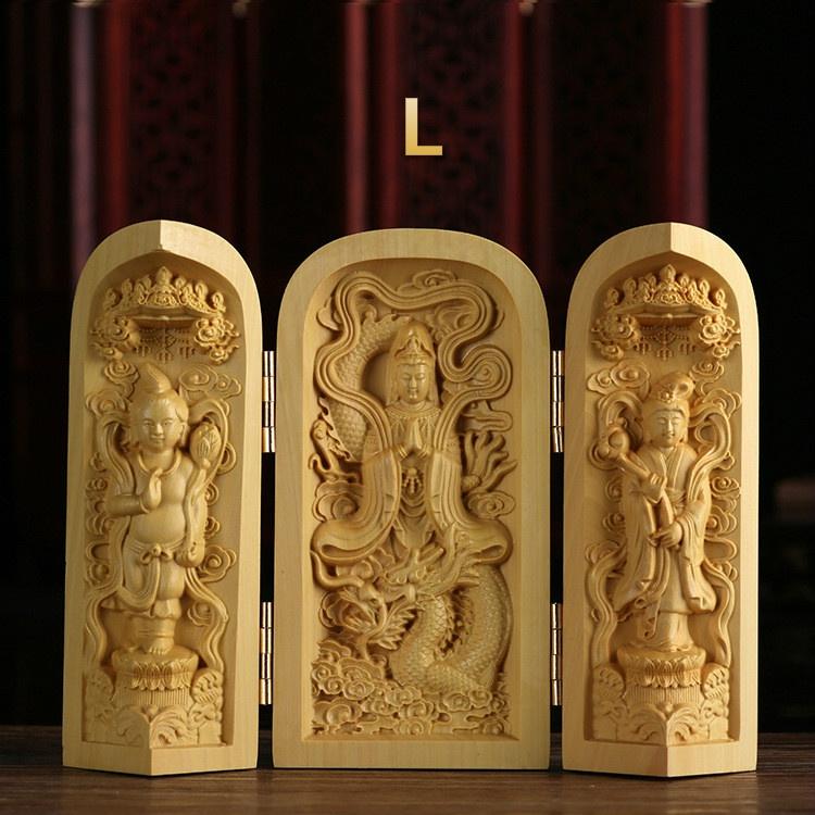 1 Stück Exquisite Buchsbaum-Schnitzerei Guanyin Buddha Statue Westliche Drei Heilige Holzschnitzkunst Handwerk Heimdekoration