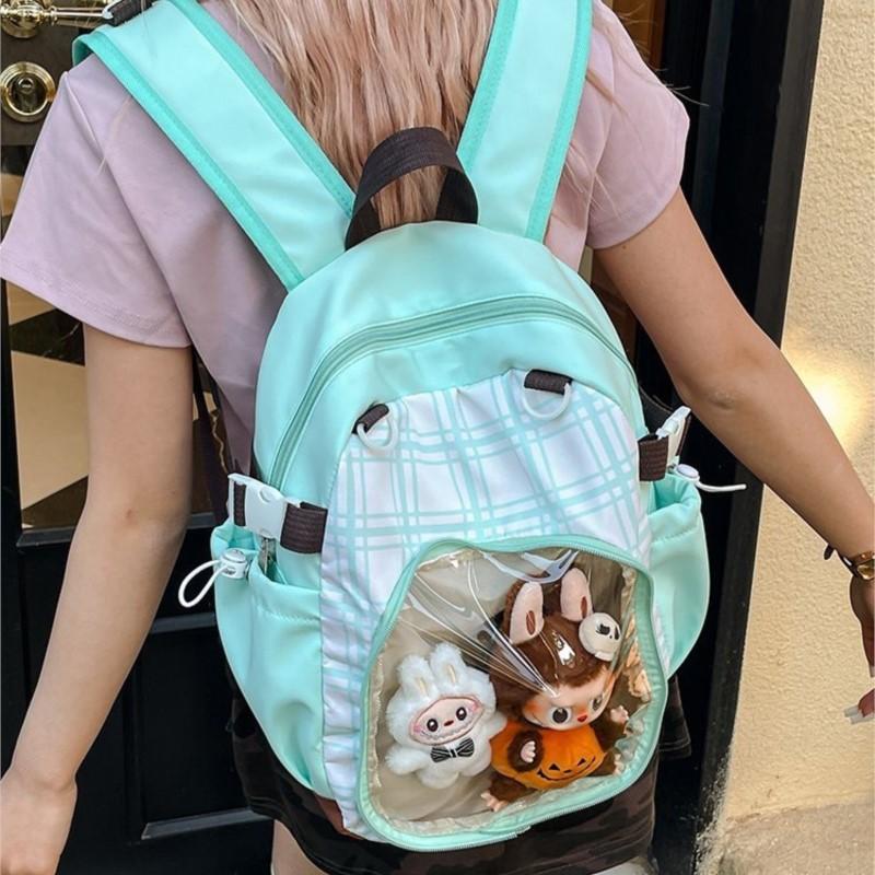 Color Block Plaid Backpack Women Large Capacity Anime Detachable 2 Way Doll Bag Ita Bag Ladies Sweet Multifunctional Daypack New