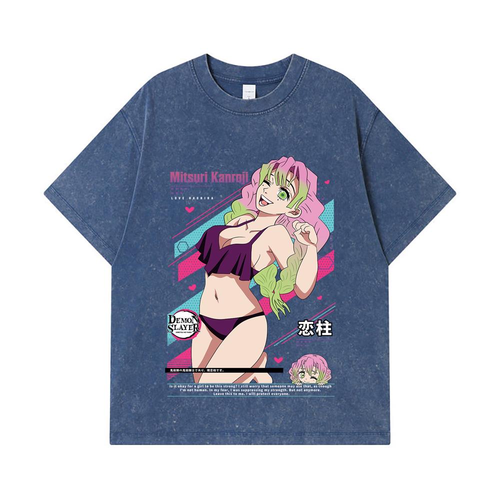 

275 GSM Washed T-shirts 100% Cotton Demon Slayer V52 Mitsuri Waifu Print Unisex Heavy Cotton T Shirt 2XL королівський синій колір