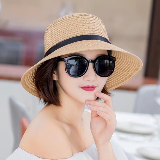 Women Straw Hat Wide Brim Lace-up Ribbon Sun Protection Hat Lightweight Quick-Drying Hat Hiking Walking Neck Coverage Hat