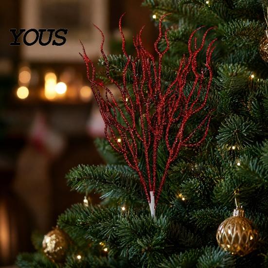 Seasonal Glitter Branch Artificial Christmas Tree Pick, Sparkling Faux for Party Dead Ornament, Curly Decorative Twigs Stick Stem Vase