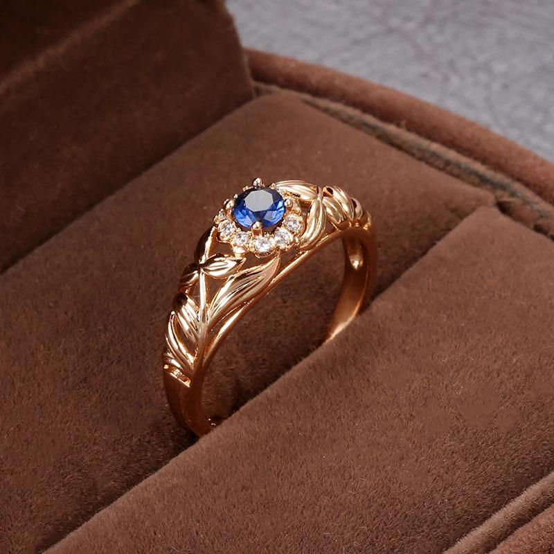 Bague pour femme en zircon bleu mode européenne et américaine avec cuivre plaqué or