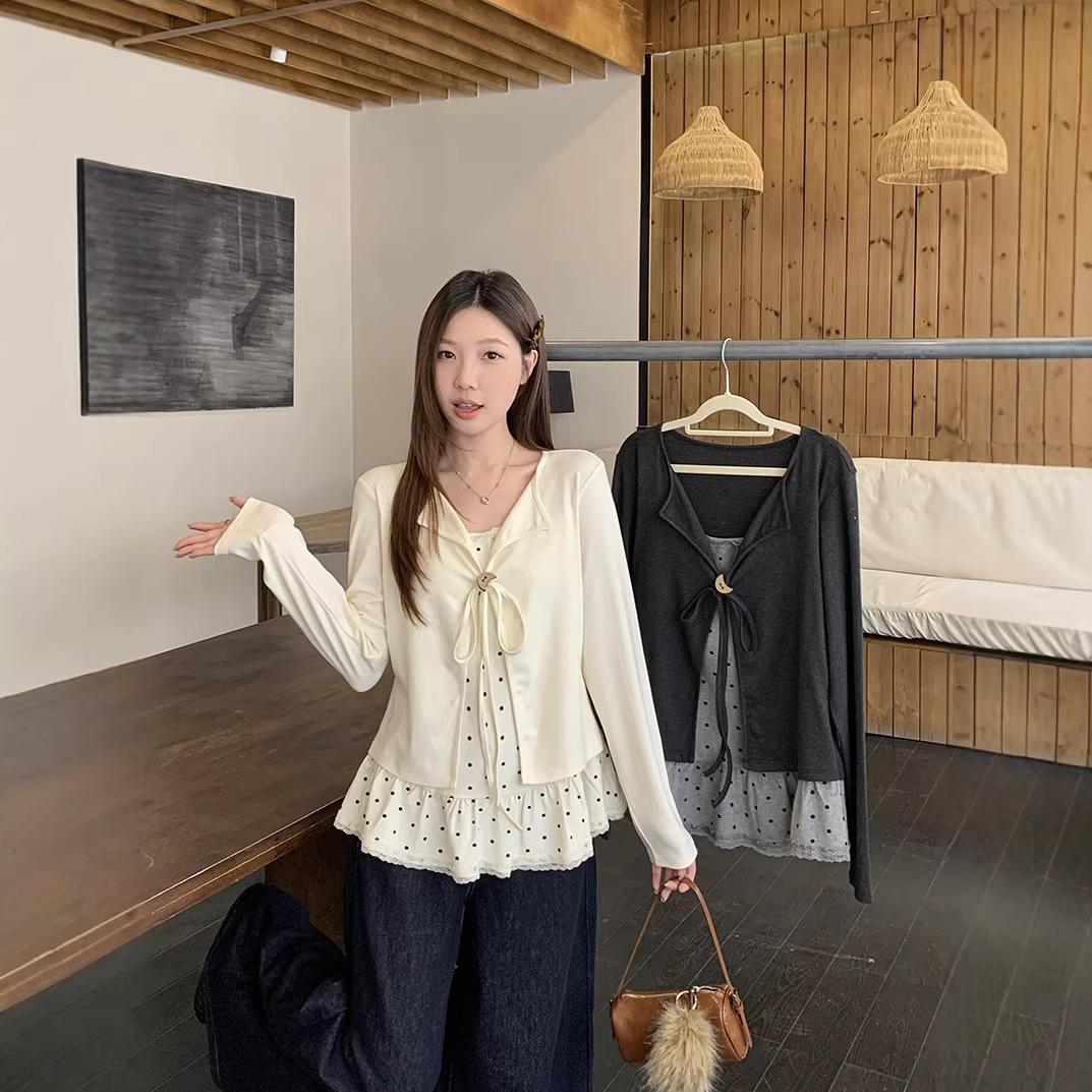 2026 Spring Plus Size Women s Lace Patchwork Polka Dot Long Sleeve Two-Piece Top 4XL абрикосовый