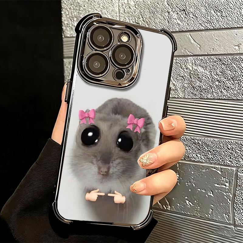 Funny Sad Hamster Meme Plating Phone Case For Iphone 16 17 Pro Max Air 16E 14 15 Plus 12 13 Mini Anti-Fall Airabag Cover