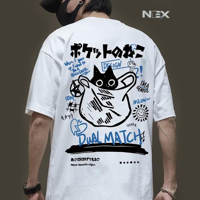 Men Cartoon T-Shirts 2026 Summer Harajuku Kawaii Cat Printed Short Sleeve Tees Couple Streetwear Loose Clothes Y2K Tops