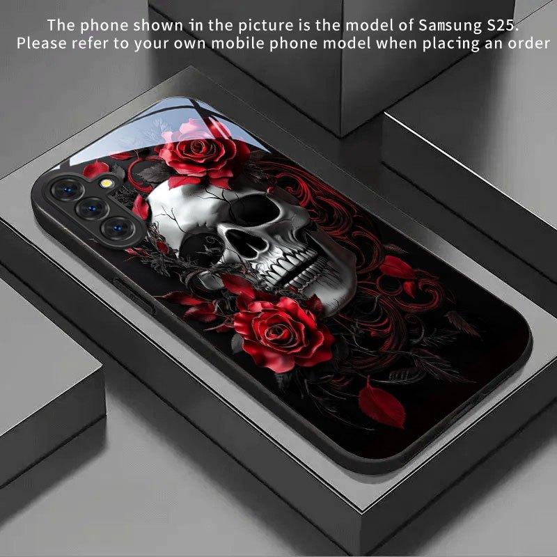 Red Rose Skull Pattern Tempered Glass Phone Case Suitable for Samsung Galaxy S26 S25 S24 S22 S21 S20 FE Ultra Plus5G Anti Drop