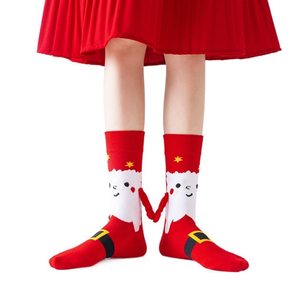 2Pairs Magnetic Christmas Socks Tree Cotton Mid-calf Sock Fashion Hand in Hand Socks  Couples