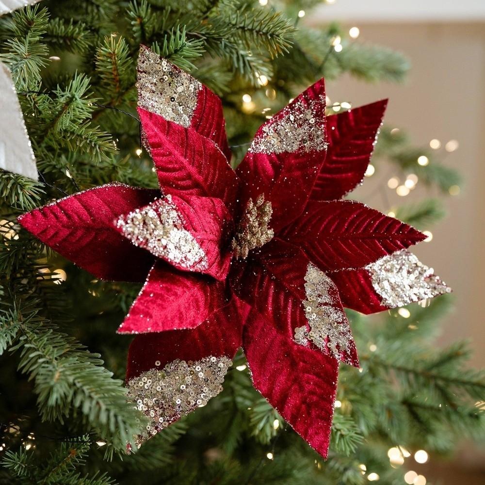 Sequins Artificial Poinsettia Flower Velvet Fabric Xmas Floral Pick Accessory  Christmas Party