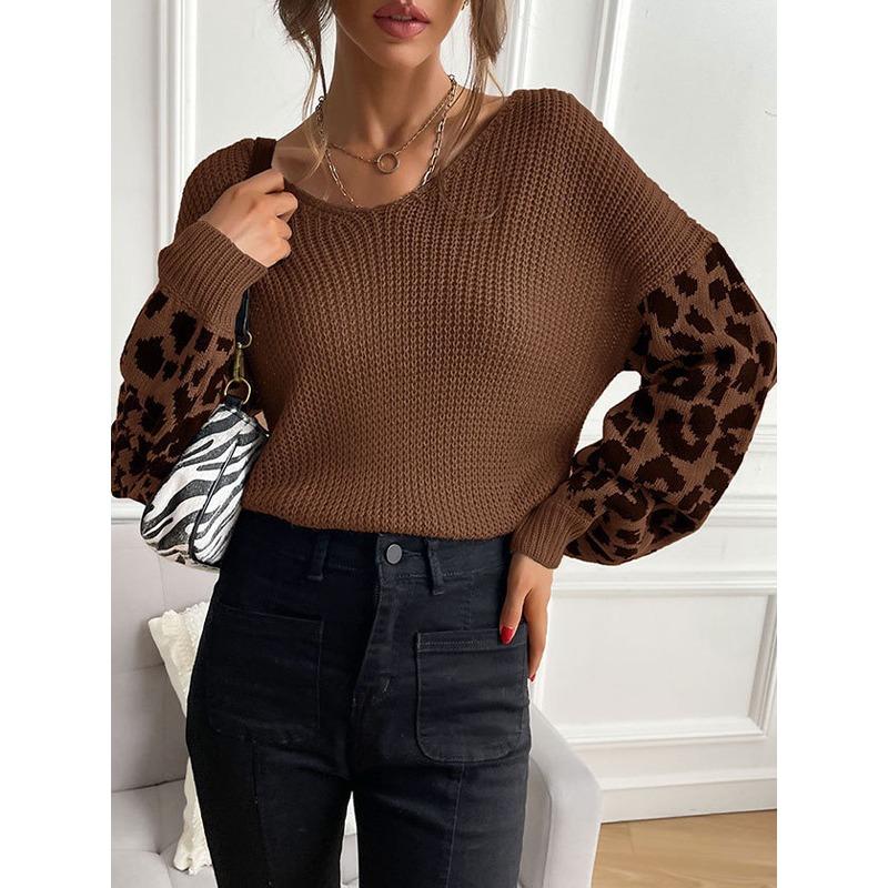Harajuku Leopard Printing Stitching V-neck Sweater Autumn Winter Casual Loose Knitted Sweaters Tops for Women Bottoming Pullover