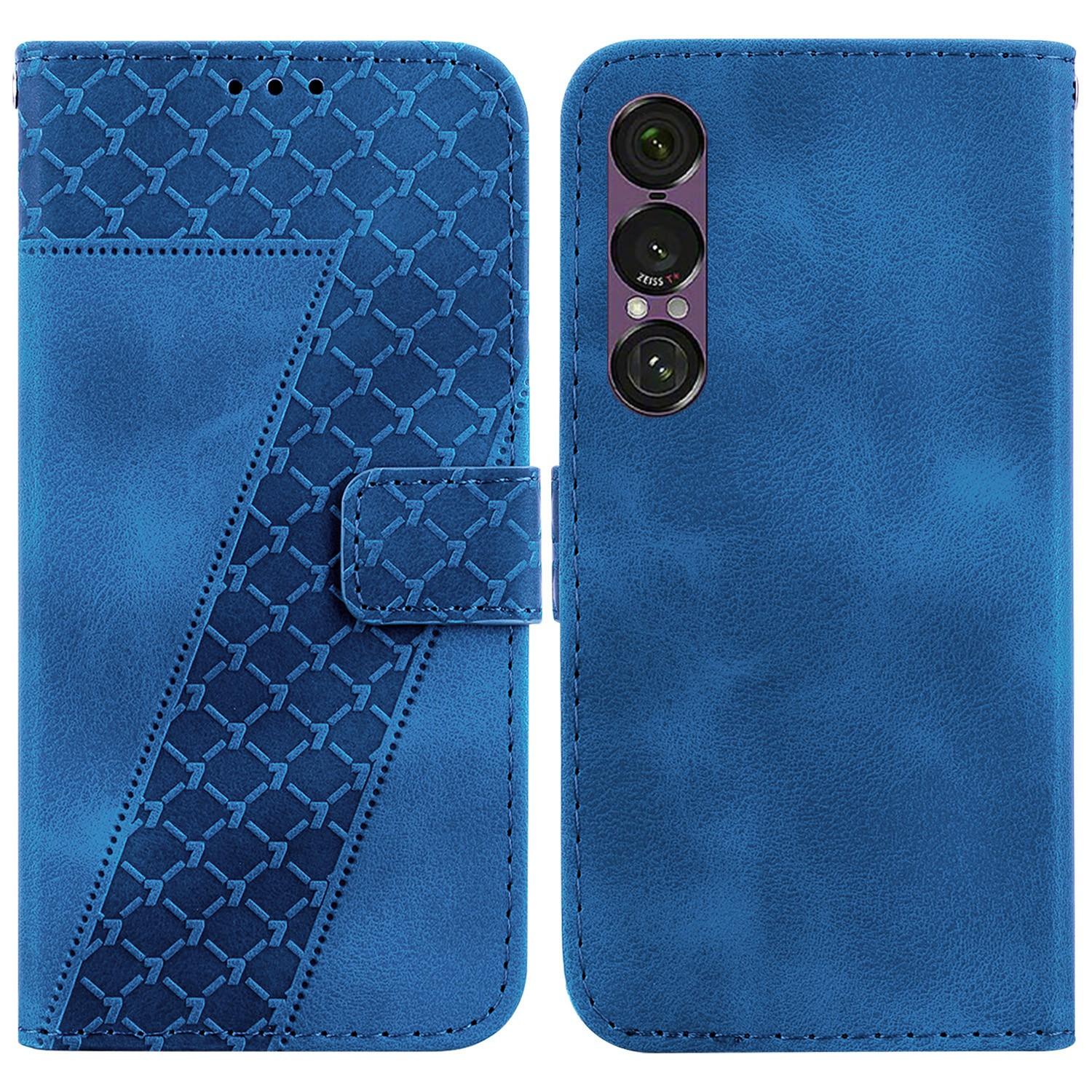 

For Sony Xperia 1 VII Stand Case 7-Shaped Pattern Imprint Leather Phone Cover with Strap Dark Blue