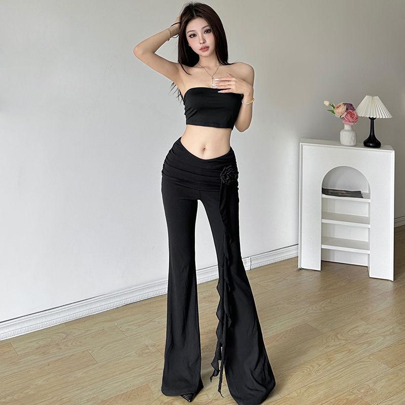 WHATIWEAR Modern Retro Style Three-dimensional Flower High Waist Micro-flare Trousers Streamer Slim Fit Casual Pants for Women