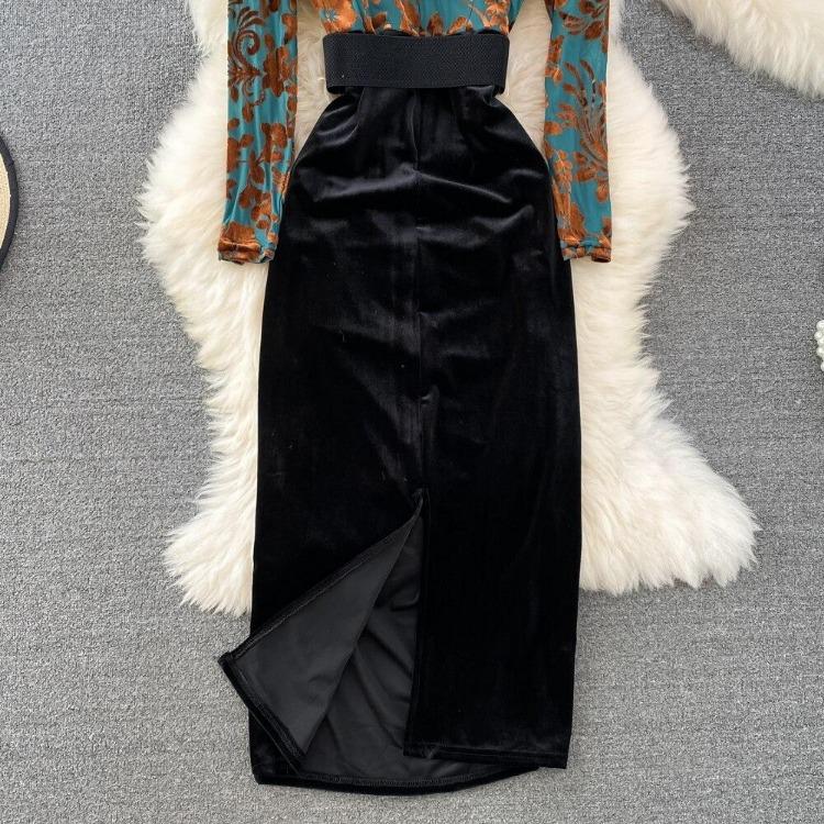 New Autumn Celebrity Temperament V Neck High Waist Dress with Bronzing Printing Fold Stitching and False Two Bag Hip Design