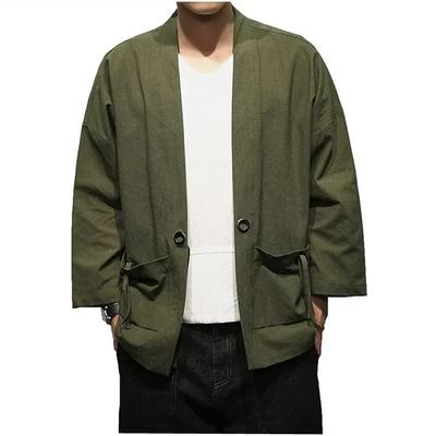 Męska Modna Bawełniano-Lniana Kardigana Kimono z Haftem Samurajskim