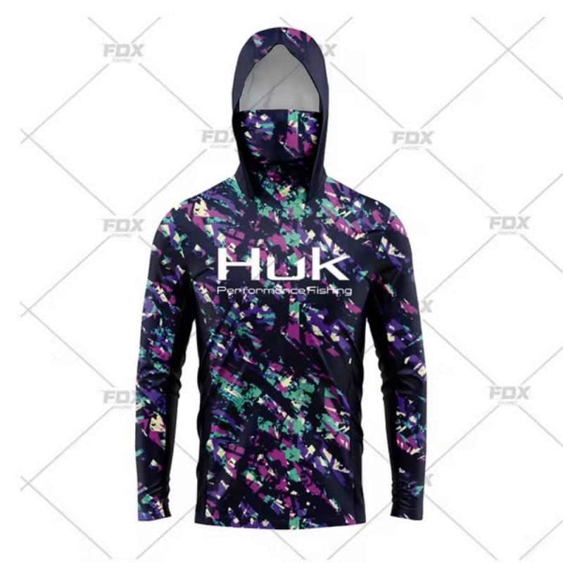 HUK Fishing Shirts Long Sleeve Hooded Face Cover Wear Outdoor
