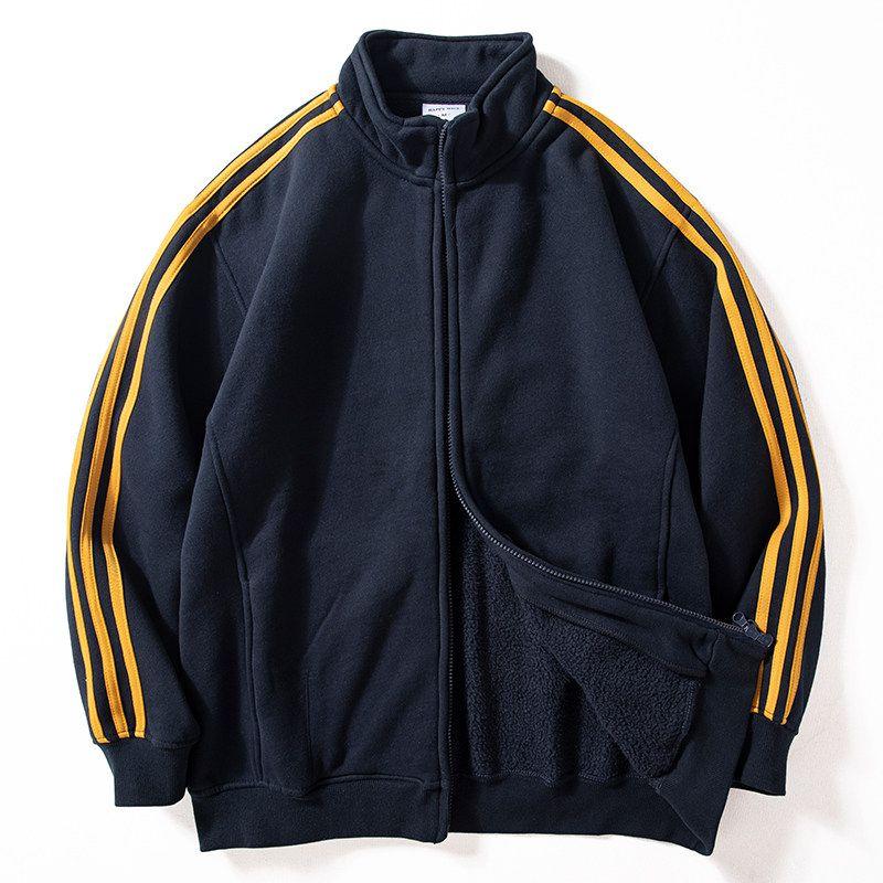 Men's Autumn and Winter Warm Fleece-Lined Thick Striped Color-Block Sweatshirt, Youthful Loose Casual Zip-Up Jacket with Stand Collar, Trendy