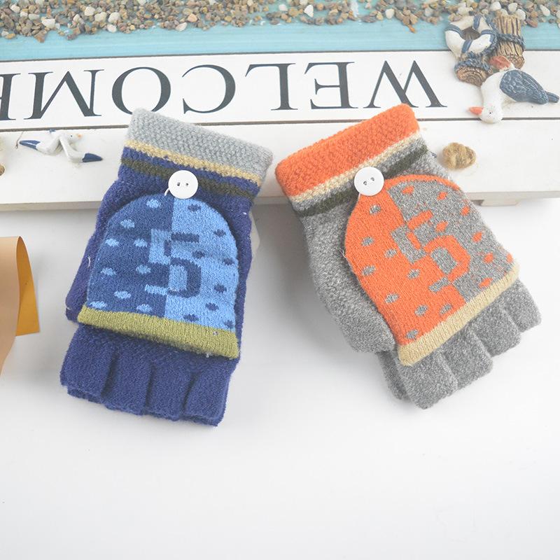 New Children's Flip Half-finger Gloves Winter Warm Cute Cartoon Leaking Finger Middle and Older Children's Writing Gloves