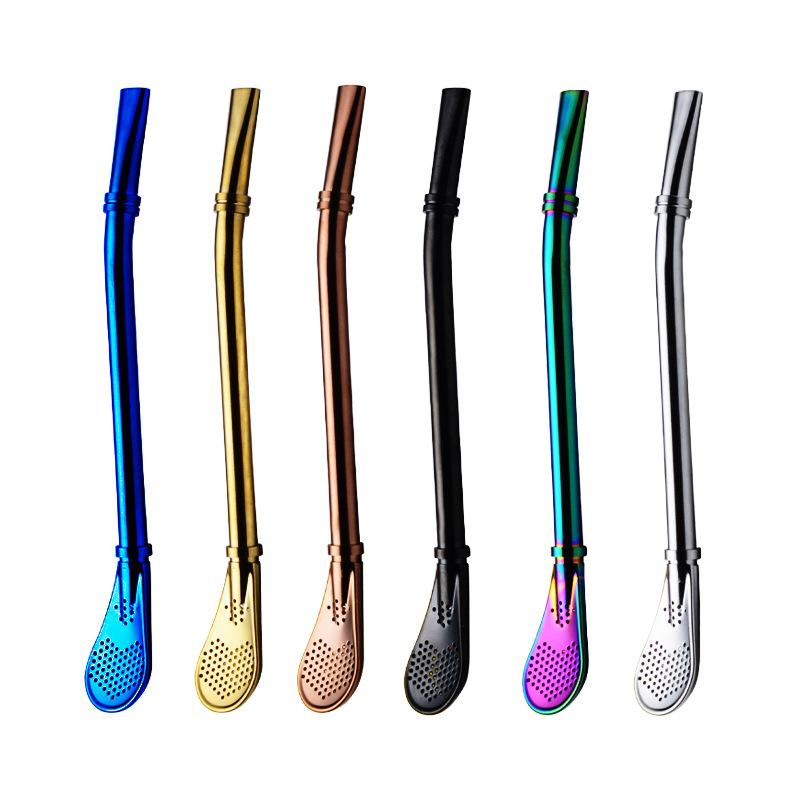 304 Stainless Steel Double Ring Straw Spoon Mate Tea Tool Spoon Titanium Plated Multi-color PVD with Filter Can Be Customized